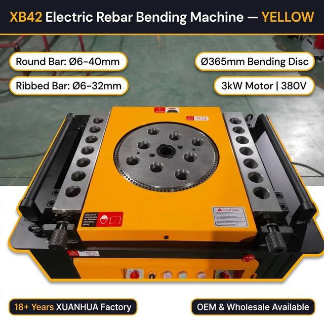 XUANHUA XB42 Rebar Bending Machine India TMT Bar 6-40mm 3Kw 380V 10mm Panel Heavy Duty Construction Steel Bender 1.5 Year