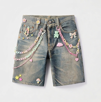 Shorts amples vintage en molleton délavé et déchiré pour homme, avec broderie et patchwork, coupe personnalisée