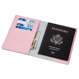 Hot Selling Custom Logo Pink Leather Passport Holder Rfid Blocking For Travel Use