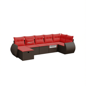 Set di divani da giardino in polyrattan marrone con cuscini, 7 pezzi, mobili da giardino per esterni, design contemporaneo - Product Image 1