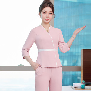 Pink Mandarin Collar Uniform Women Peplum Waistline Comfortable Polyester Woven Career Dress For Beauty Salon Foot Massage - Product Image 1