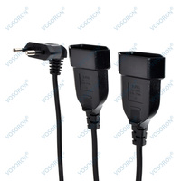 Kabel Ekstensi EU CEE7/16 90 Derajat, Colokan Jantan ke Betina, Output Ganda 2 Arah 2 in 1, Kabel Pemisah Daya 2 Cabang Eropa