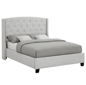 Lit moderne King Size capitonné avec rangement, capitonnage boutonné et clous décoratifs, en tissu gris et bois, mobilier de chambre - Product Image 6