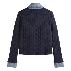 Denim Patchwork Twisted Knit <b>Cardigan</b> Jacket For Women Single Breasted Loose Fit Full Sleeve Contrast Color - Product Image 5