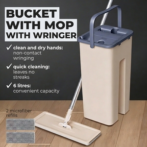 Serpillère auto-nettoyante mains libres en acier inoxydable avec poignée rotative à 360 degrés, pour usage sec et humide, avec seau et tampon en microfibre - Product Image 1