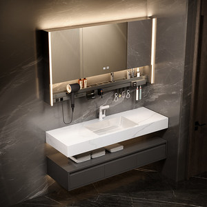 Marble rock slab countertop intelligent storage <b>mirror</b> cabinet modern <b>light</b> luxury style bathroom cabinet - Product Image 1