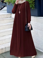 Robe Plissée Musulmane de Dubaï Style Arabe en Gros, Couleur Unie Simple, Manches Longues, Design Plissé