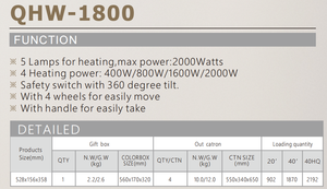 Chauffage infrarouge CE approuvé QHW-1800 2000W, sûr pour les personnes âgées, sur pied, faible bruit, anti-basculement, thermostat réglable pour maison de retraite - Product Image 6