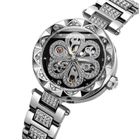 Montre mécanique automatique pour femme, multicolore, or rose, or argenté, cadran squelette trèfle, incrustation de cristaux, montre-bracelet pour femme