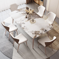 Table à manger moderne de luxe en acier inoxydable doré avec plateau en marbre pour la salle à manger, ensemble de table à manger