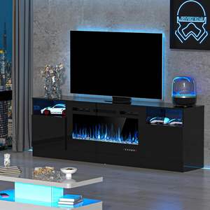Built-In <strong>Electric</strong> Fireplace Entertainment Center <strong>TV</strong> Cabinet Media Console with Wooden and Glass <strong>Stand</strong> for Living Room - Product Image 4