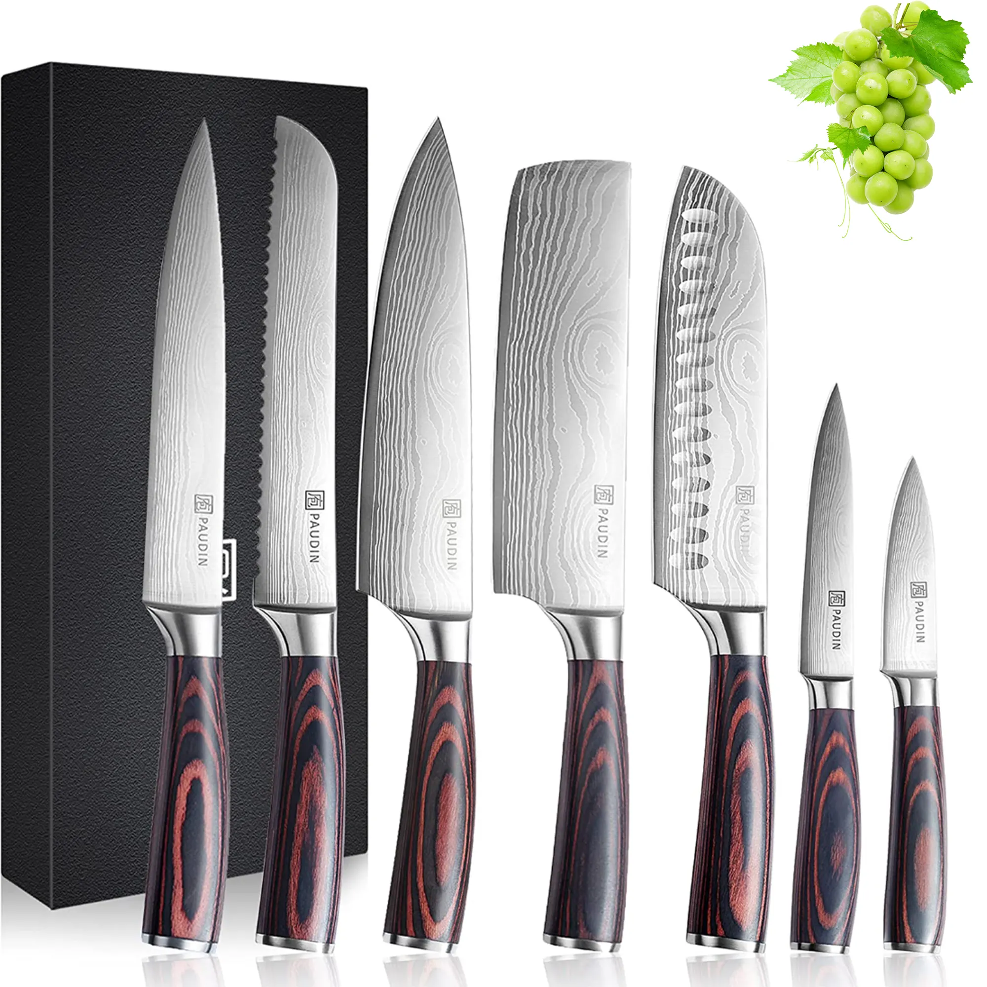 כניסות חדשות 7PCS כלי מטבח סכין סט עם אולטרה שארפ להב עץ ידית כלי בישול סכין סט עם אריזת מתנה