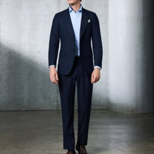 <span class=keywords><strong>Traje</strong></span> de <span class=keywords><strong>Hombre</strong></span> <span class=keywords><strong>Azul</strong></span> <span class=keywords><strong>Marino</strong></span>, Mezcla de Lana y Poliéster, Económico, Personalizado con Rayas de Tiza, Servicio OEM, Hecho a Medida - Product Image 6