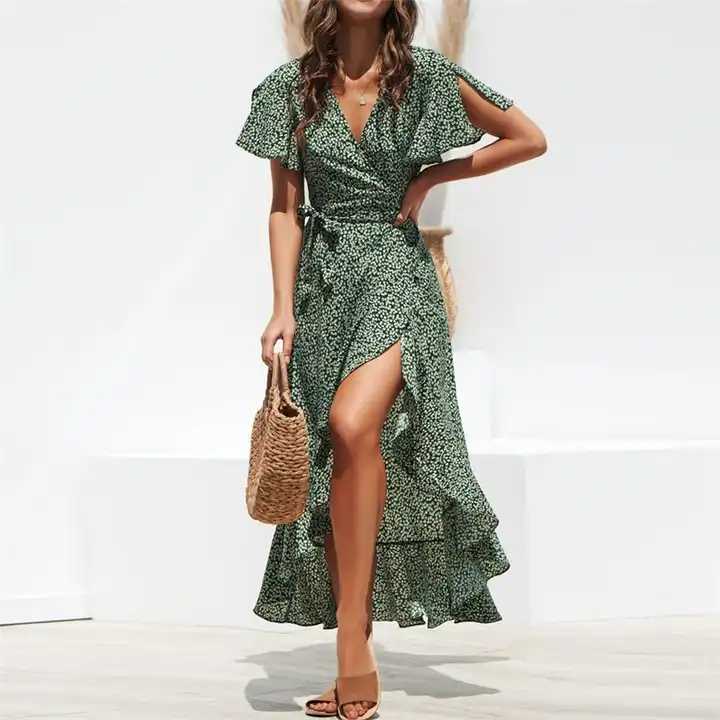 Women Summer Casual Wrap Dress V-Neck Short Sleeve Lady Floral Print Maxi A-line Dress