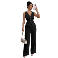 Ensemble deux pièces pour femmes, été 2025, nouveau style européen et américain, couleur unie, sans manches, veste ajustée, pantalon taille haute en polyester et élasthanne