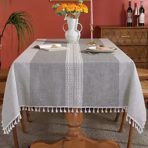 Cotton Linen Wrinkle Free Anti-Fading Table Cloth Tassel Rectangle Home Coffee Hotel Decoration Table Cloth