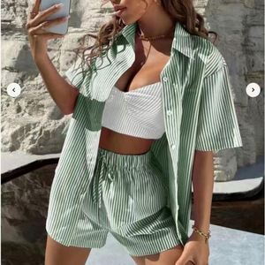 I-0607 Women's Solid Formal Button V-neck Two-Piece <b>Set</b> American Style <b>Blazer</b> Knee-Length Short Sleeve Eco-Friendly Knitting - Product Image 4