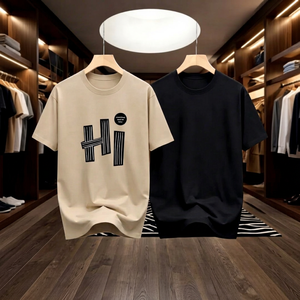 เสื้อยืดแขนสั้นผู้ชายทรงปกติ คอกลม ผ้าฝ้าย 100% ระบายอากาศได้ดี สไตล์สตรีทแวร์ลำลอง ดีไซน์ด้านหน้า สีดำ สีเบจ คุณภาพสูง 180 - Product Image 1