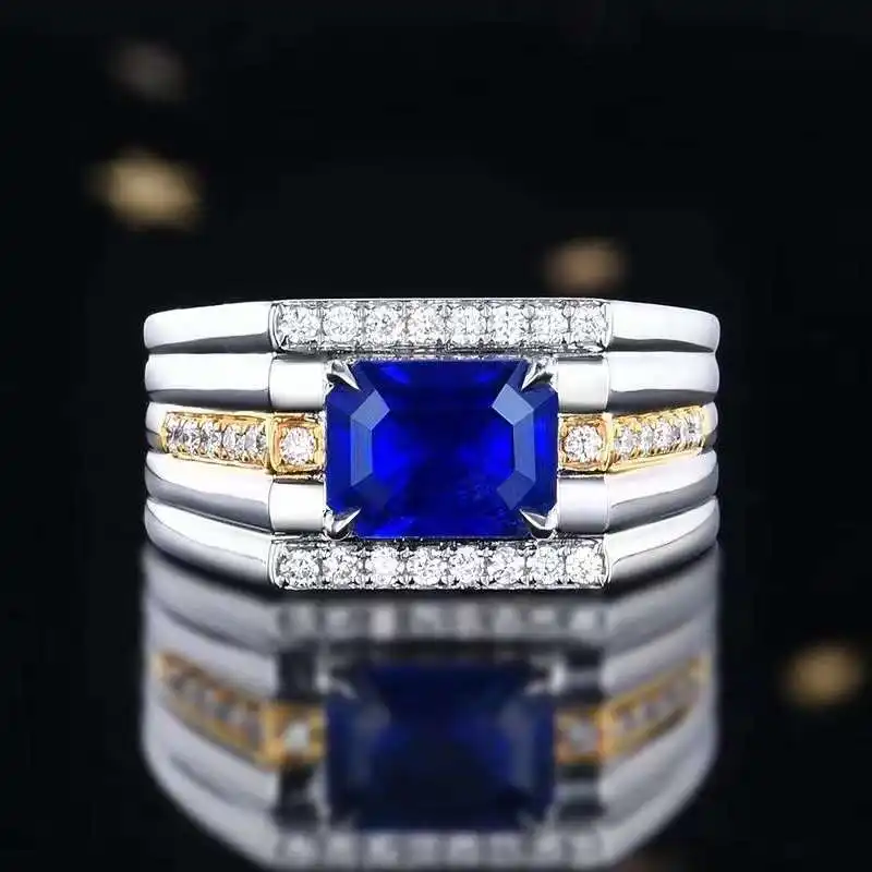 SGARIT Jewelry Sapphire Men Ring 18K White Gold 2.25CT Natural Royal Blue Sapphire Ring GUILD Certified Gemstone Ring For Men