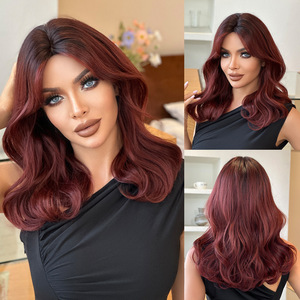 Peluca de Alta Calidad, Larga hasta los Hombros, Rizada, Color Vino Tinto Natural, con <span class=keywords><strong>Flequillo</strong></span> Cortina para Mujer - Product Image 2