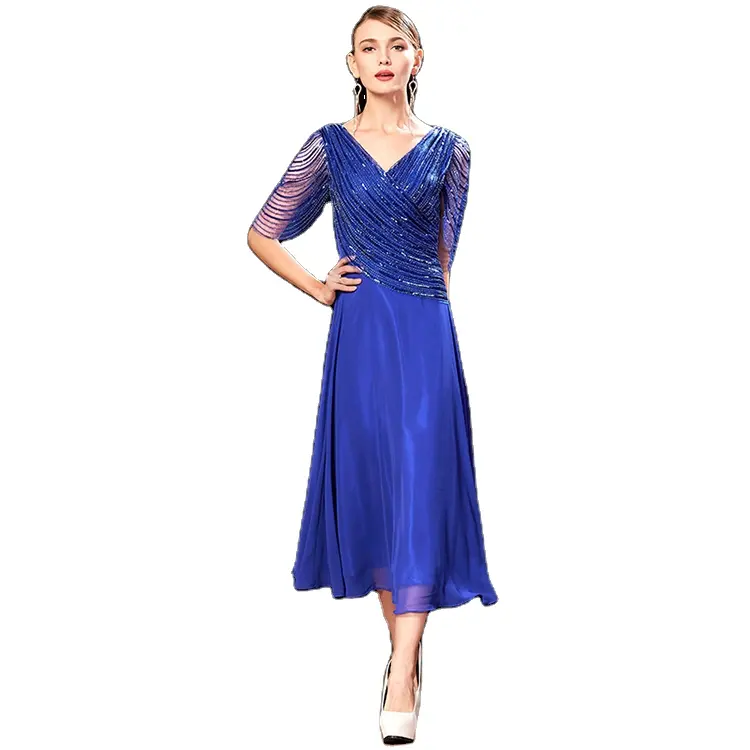 high quality v-neck cocktail chiffon exclusive women bat sleeve royal blue evening dresses for women