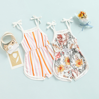 Combinaison d'été personnalisée avec logo pour filles, barboteuse à rayures florales pour nouveau-né et tout-petit, vêtements à bretelles à nouer, body bébé