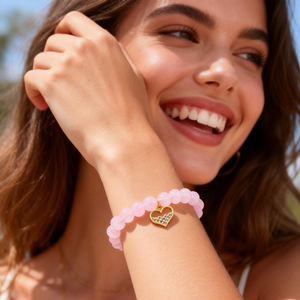 Valentine's Day Women's Jewelry Pink Beaded <b>Crystal</b> Natural Gemstone <b>Bracelet</b> with Heart Charm 14K Gold Trendy Girls' Gift - Product Image 1