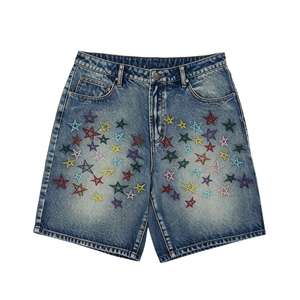 Shorts en jean vintage délavé pour homme, broderie étoile colorée, coupe droite ample, style décontracté streetwear, tendance mode - Product Image 3