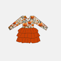 Robe d'automne mignonne pour fille, imprimé personnalisé, motif floral, à manches longues, à volants, en bambou 210 GSM, du NB au 14T
