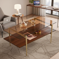 Table basse moderne Saint Mossi Tadio à double plateau en verre pour salon, avec étagère inférieure en MDF marron et brun café