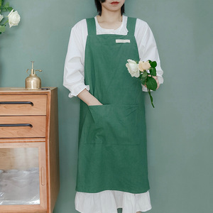 Japanese Korean Style Cotton Linen Apron Solid Color Wide Shoulder Straps Stain Resistant Washable For Women <b>Kitchen</b> Home Use - Product Image 1