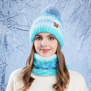 Wholesale Winter Thick <strong>Fleece</strong> <strong>Lined</strong> Knit <strong>Bobble</strong> <strong>Hat</strong> and Neck Warmer Scarf Set for Women - Product Image 2
