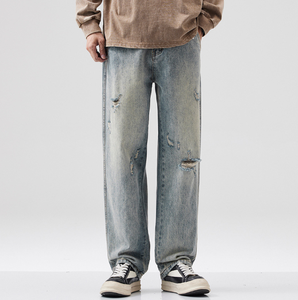 Jeans Casuales Versátiles Retro con Agujeros Desgastados para Otoño e Invierno, <span class=keywords><strong>Pantalones</strong></span> <span class=keywords><strong>Largos</strong></span> de Pierna Recta para <span class=keywords><strong>Hombre</strong></span> - Product Image 2