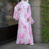 Nouvelle Robe Islamique 2026 pour Femmes Musulmanes, Manches Longues, Col Rond, en Chiffon Imprimé Fleurs, Robe Modeste d'Été pour Femmes Musulmanes