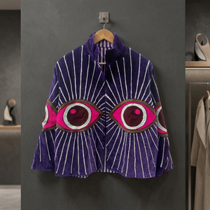 Wholesale Factory Custom <b>Women</b> Heavy Thread Embroidery Purple <b>Velvet</b> <b>Jacket</b> Casual Open Front Stand Collar Short Coat OEM - Product Image 5