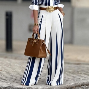 Nuovi <span class=keywords><strong>Pantaloni</strong></span> Estivi 2026 a Gamba Larga a Righe Verticali, Stile Francese Chic, Vita Alta, Drappeggiati, <span class=keywords><strong>Eleganti</strong></span> <span class=keywords><strong>Blu</strong></span> e Bianchi - Product Image 1