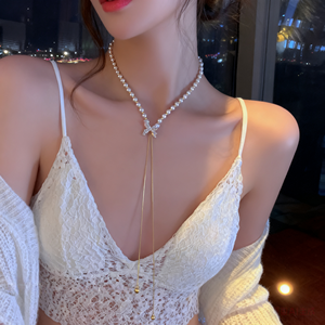 שרשרת פנינים משובחות עם ררינגסטון צלב מתכווננת הצהרה אלגנטית תכשיטים לנשים בגדי ערב - Product Image 1