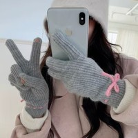 Gants cinq doigts mignons en acrylique/tricot de coton pour femme, chauds d'hiver, compatibles écran tactile, pour le cyclisme, style uni, longueur poignet
