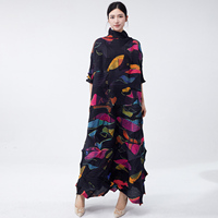 Gaun Maxi Turtleneck Bermotif Geometris Lipit Elegan Formal Cetak Berkualitas Tinggi Miyake untuk Wanita Ukuran Besar, Dapat Disesuaikan ODM 100%