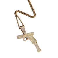 RENQING 3mm Corde Chaîne Full Bling Rhinestone et Alliage Hip Hop Handgun Shape Pendentif Collier