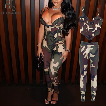 Camouflage Print 2 Piece Set Women Tracksuit V-Neck Shirring Backless Camisole+Pants Matching Casual Outfits