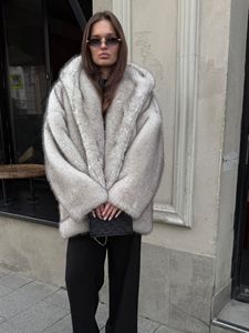 Manteau gris surdimensionné à capuche en fausse fourrure pour femme, veste d'hiver épaisse et chaude, style streetwear, pour dames - Product Image 2