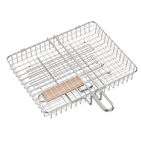 Panier de barbecue en acier inoxydable avec longue poignée en bois amovible, antiadhésif, chromé, pour barbecue en plein air