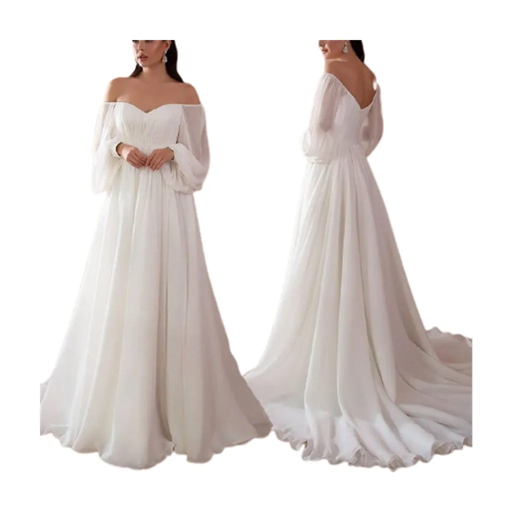 Kadınlar için açık omuzlu abiye puf kollu balo elbise romantik Lady beyaz basit resmi düğün nedime abiye