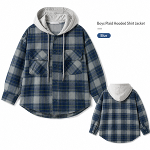Chemise-veste à carreaux à capuche pour garçons 2026, en mélange de coton, décontractée, boutonnée, pour enfants et adolescents, style shacket, vêtement d'extérieur superposé - Product Image 1