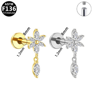 Boucles d'oreilles pendantes en titane ASTM-F136 Getta Fashion avec breloque, filetage interne, dos plat, pour cartilage, bijoux pour femmes - Product Image 2