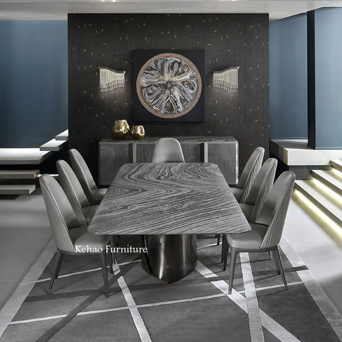 Современная мебель в простом стиле, скандинавский U-образный базовый длинный обеденный стол из черного камня для столовой