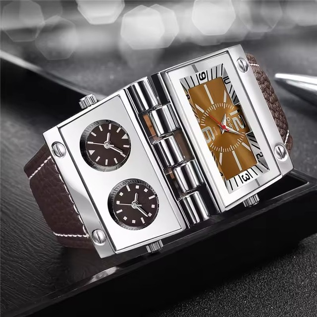Oulm 9525 Genuine Leather Strap Luminous Wristwatch Big Unique Design Fashion Male Watch Three Time Zone Casual Men's Watches