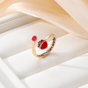 Bague ouverte en forme de fruit, design fraise rouge, couleur or et argent, bijoux pour femmes, cadeau pour étudiantes, style pour meilleures amies - Product Image 3