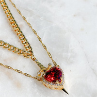 Kalung Liontin Dagger Hati Batu Ruby Merah Halo CZ Rantai Kuba Paduan Logam Warna Emas Perhiasan Wanita Hadiah